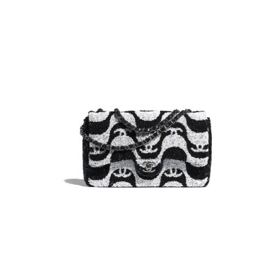 CHANEL SEQUINS WHITE & BLACK FLAP BAG A01112 (25*15*6cm)